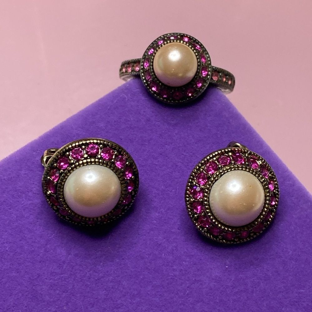 💛 Vintage Heidi Daus "Sparkling Solution" Crystal Accented Earring & Ring Set